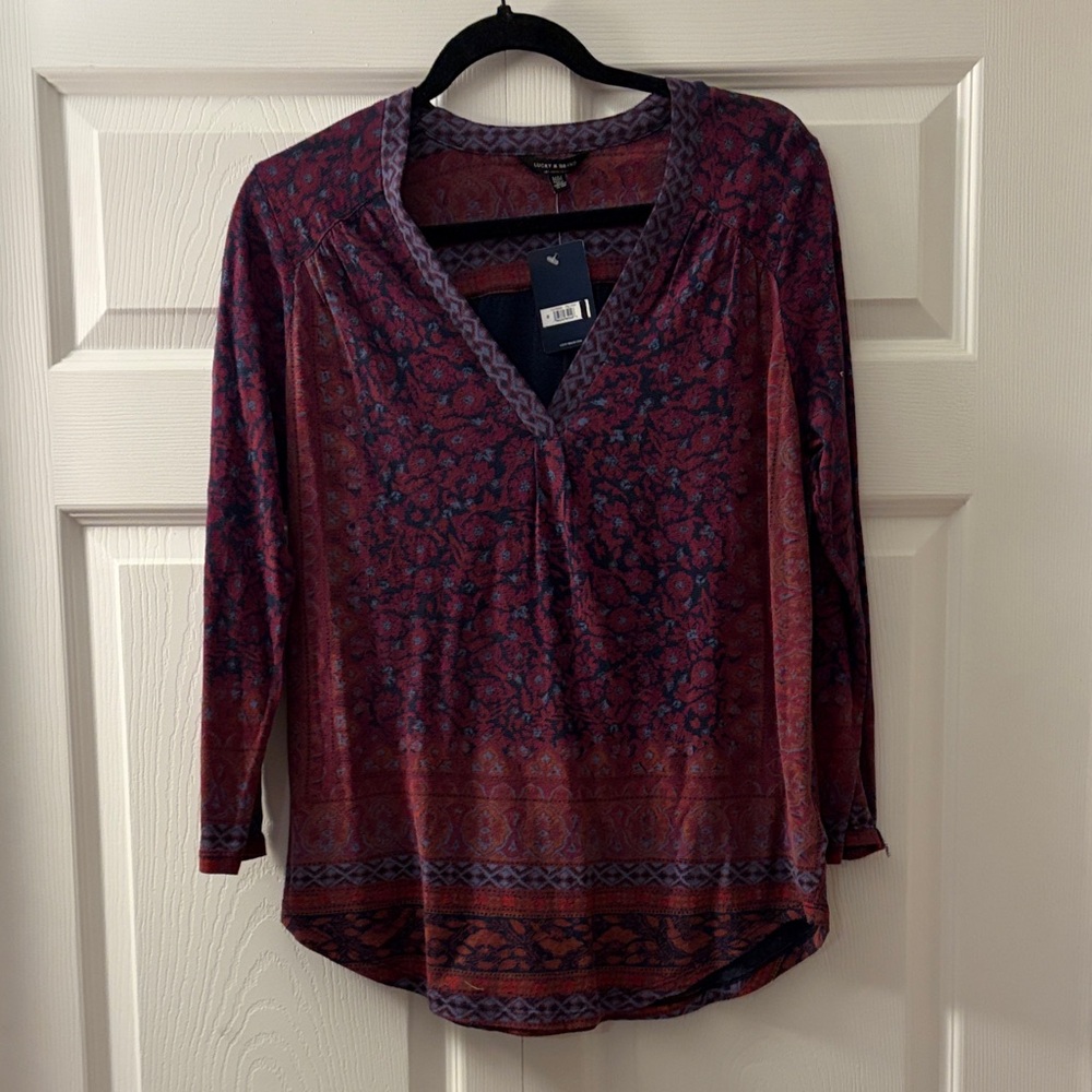 Lucky Brand Burgundy and Navy Floral Blouse